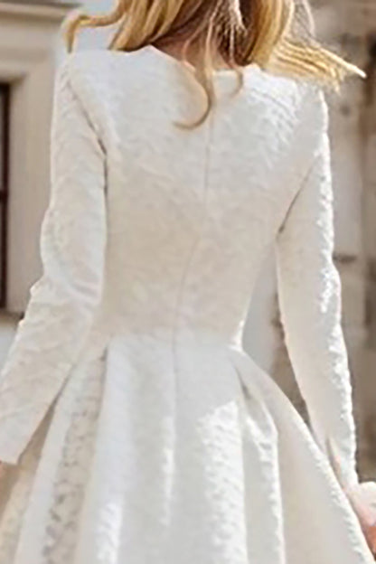 Ivory A Line Round Neck High-Low Engagement Dress with Sleeves