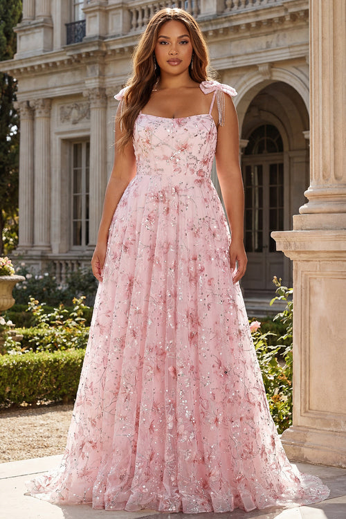 Sparkly Pink Plus Size Floral Spaghetti Straps Sequin Long Prom Dress with Bows