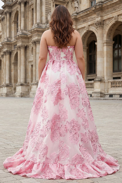 Floral Light Blue Plus Size Sweetheart Ruffled Long Corset Prom Dress with Slit