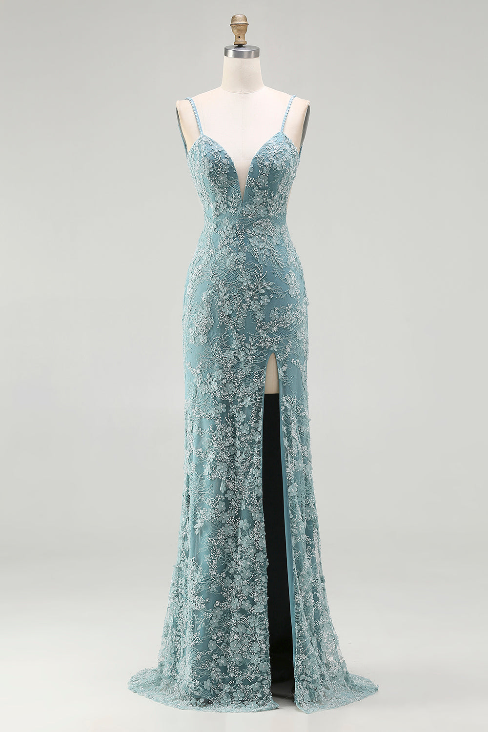 Plus Size Sparkly Floral Grey Green Long Mermaid Beaded Prom Dress with Slit
