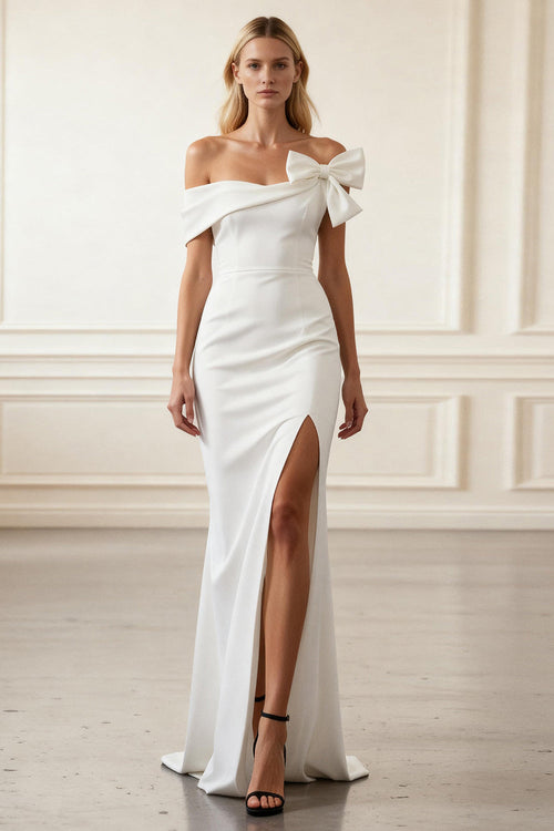 White Satin Mermaid Off The Shoulder Long Prom Dress with Bow