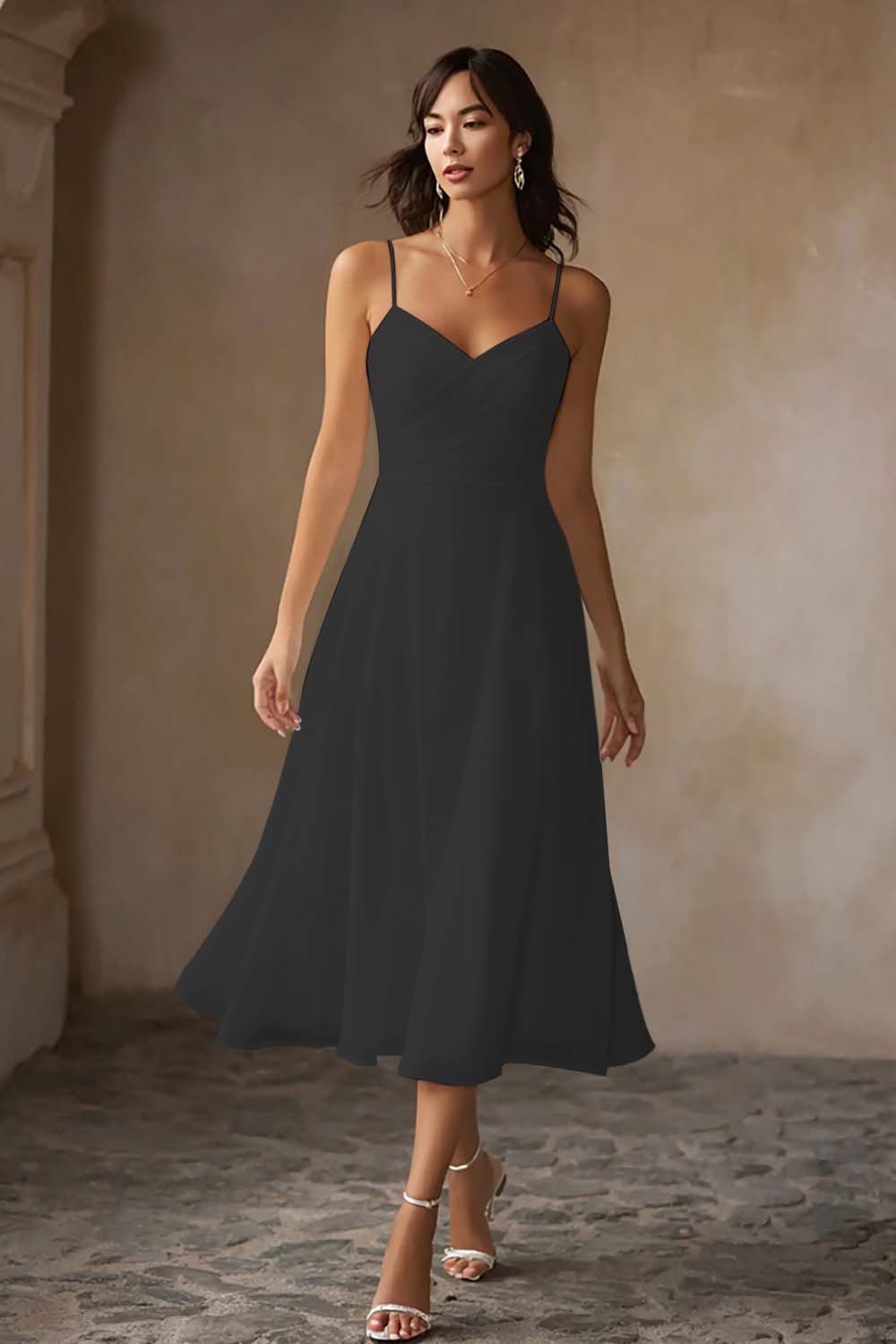 White Chiffon A Line Spaghetti Straps Midi Engagement Dress