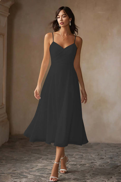 White Chiffon A Line Spaghetti Straps Midi Engagement Dress