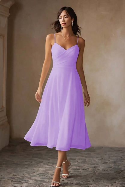White Chiffon A Line Spaghetti Straps Midi Engagement Dress