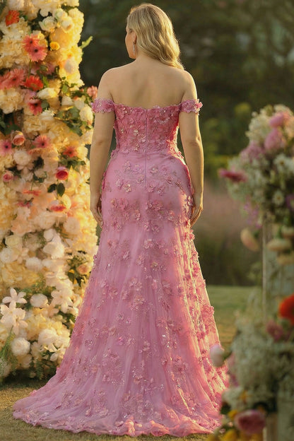Plus Size Taro Floral Mermaid Off the Shoulder Long Corset Prom Dress with Slit