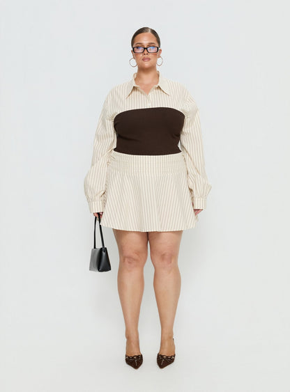 Belva Long Sleeve Corset Shirt Mini Dress Brown Stripe Curve