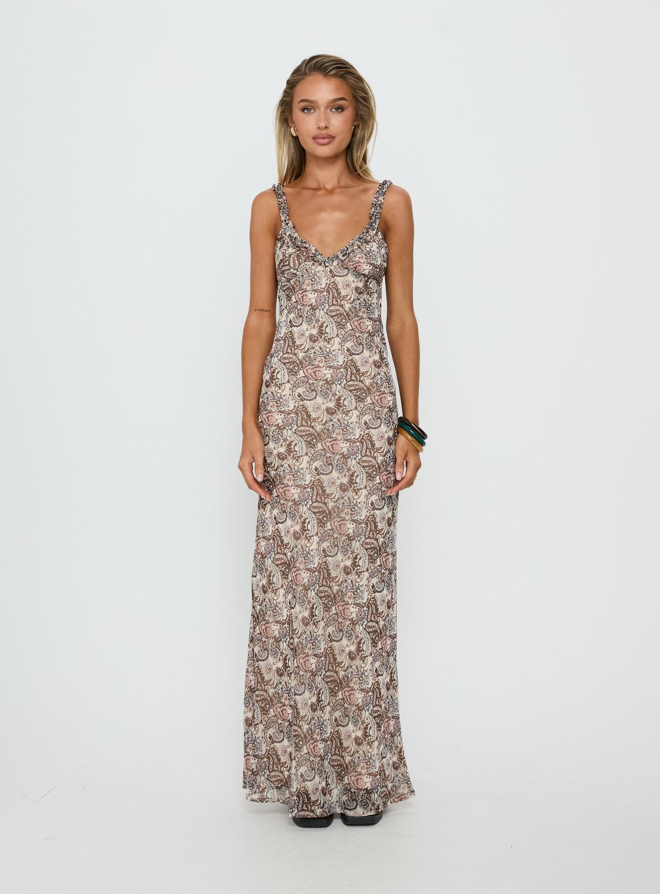 Baley Bias Cut Frill Maxi Dress Paisley