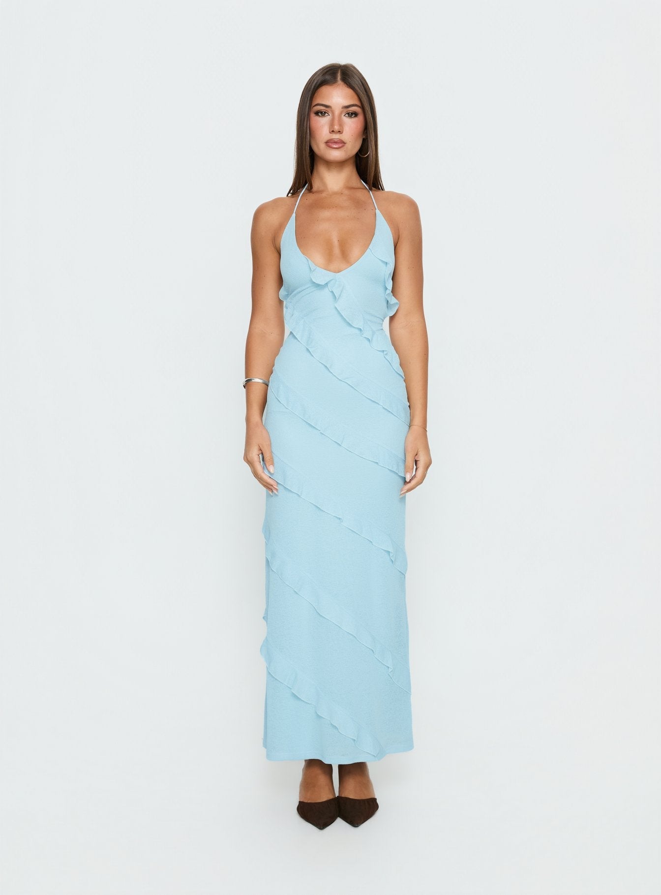 Adesta Frill Halter Maxi Dress Blue