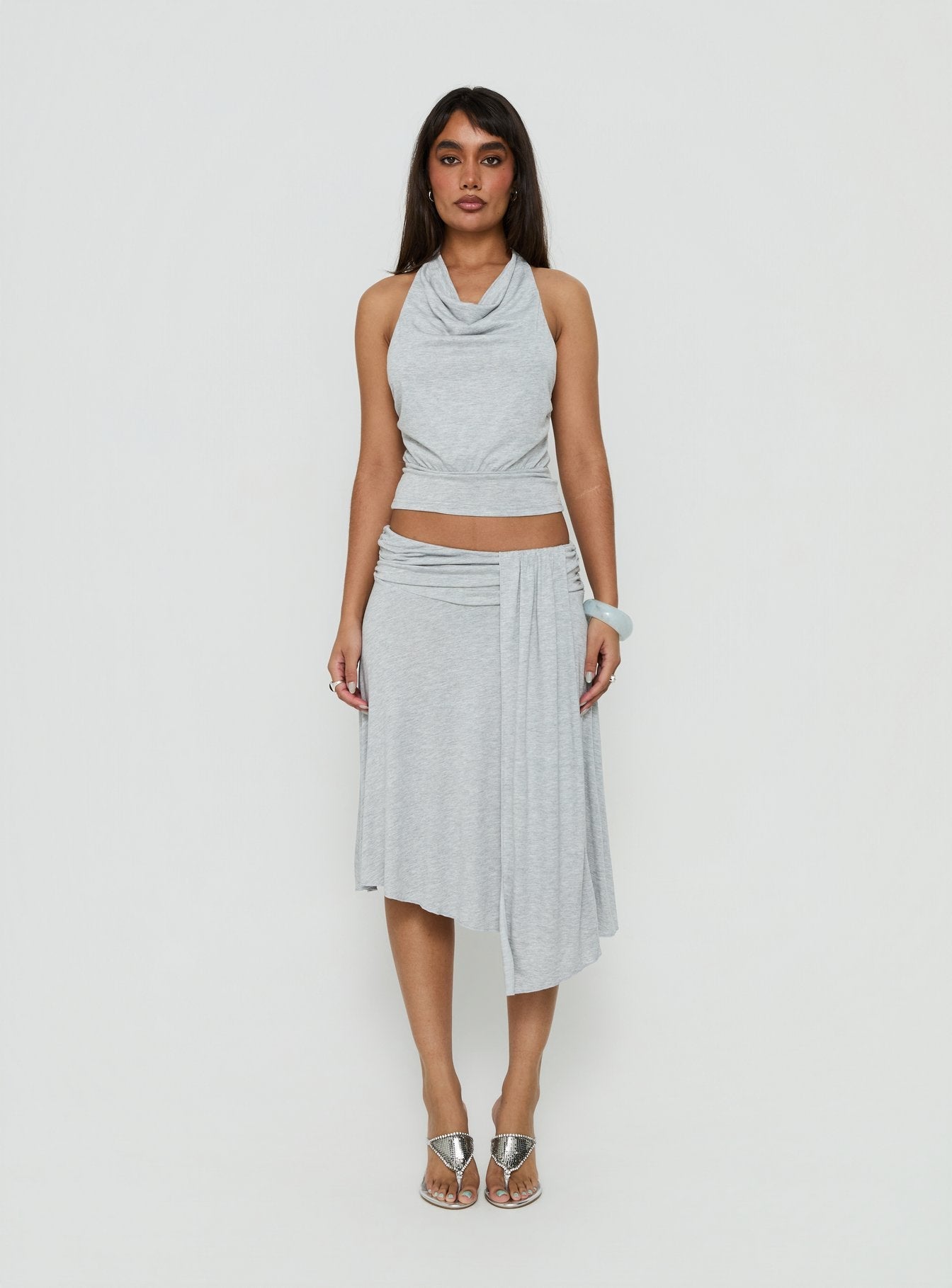 Adreana Halter Jersey Top Grey Marle