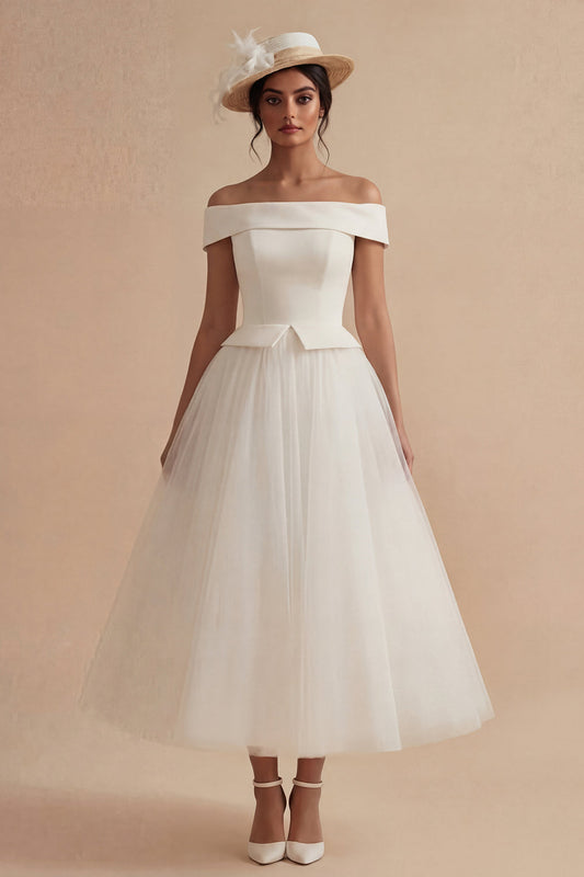 White Maxi Off the Shoulder A Line Boho Wedding Dress