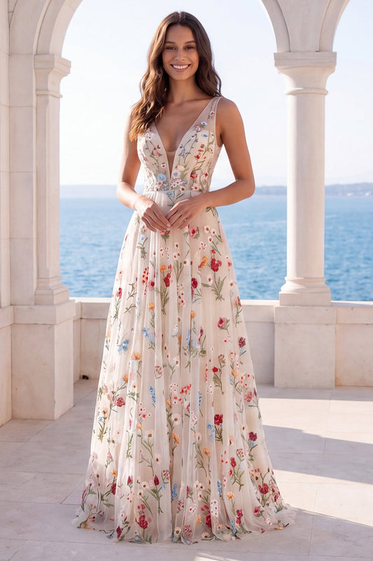 Ivory V-Neck Floral A Line Floor Length Boho Wedding Dress