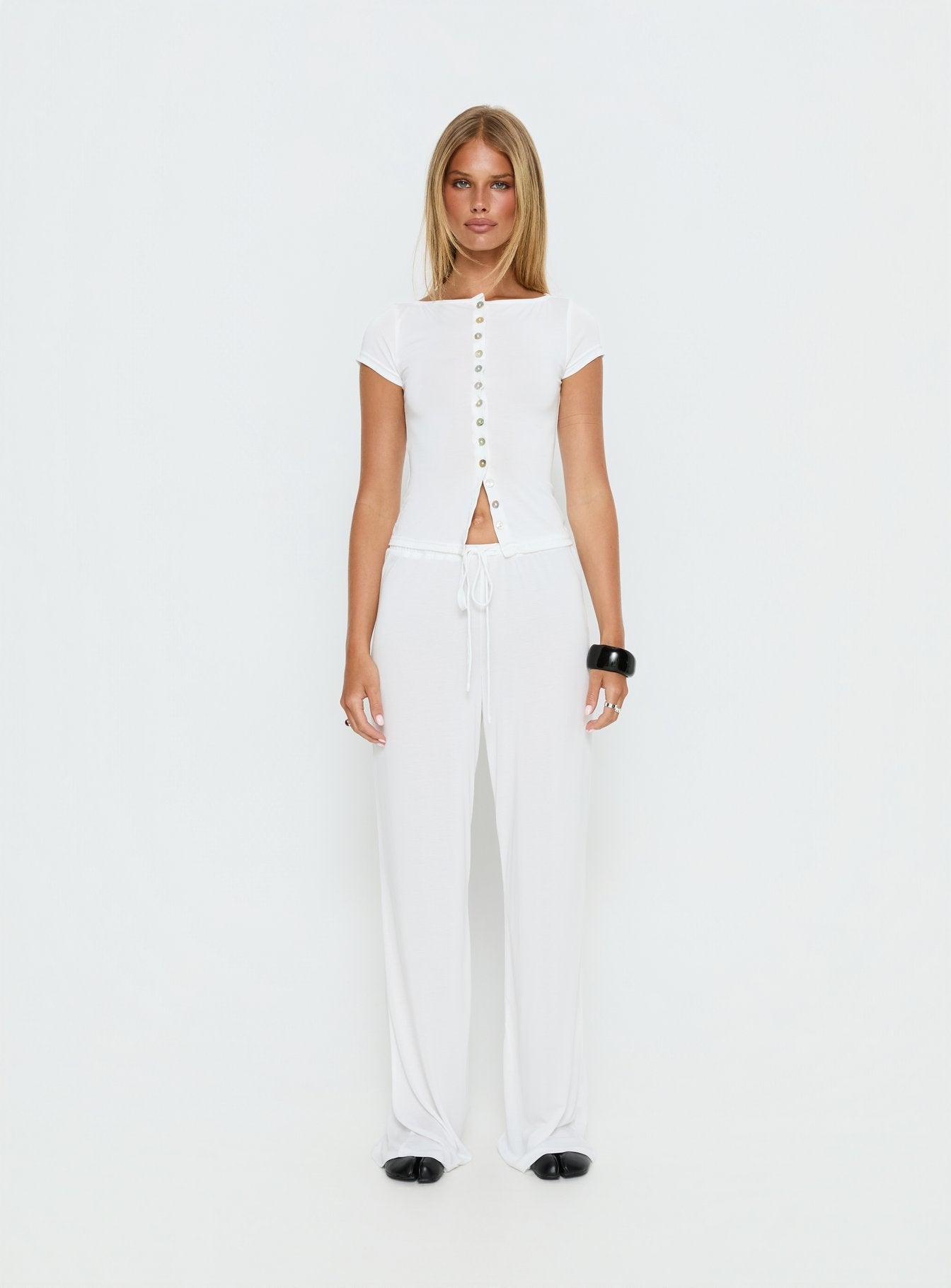 Angellina Jersey Button Down Top White