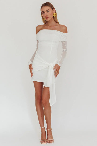 Dangerous Off Shoulder Waist Tie Mini Dress White