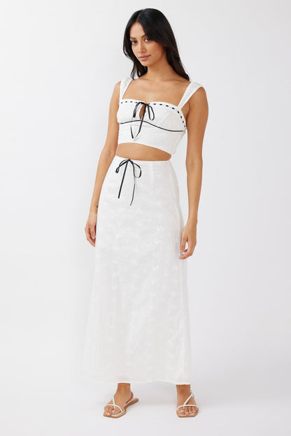 Helga Eyelet Embroidery Bow Crop Top White
