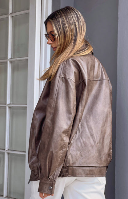 Abbi PU Vintage Brown Bomber Jacket