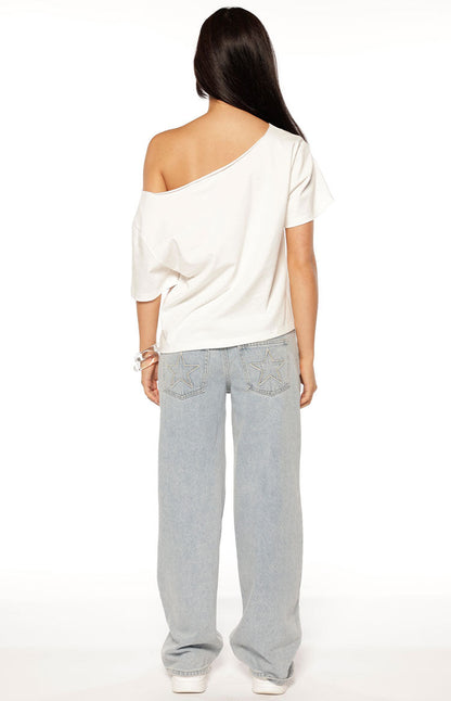 Amelie White Printed Off Shoulder Oversized Tee