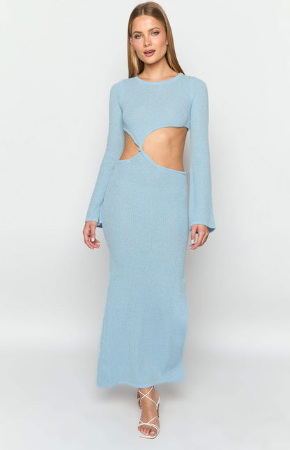 Arya Blue Long Sleeve Knit Maxi Dress
