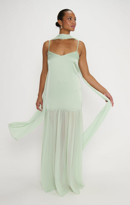 Dalia Maxi Dress ~ Pistachio Luxe Satin