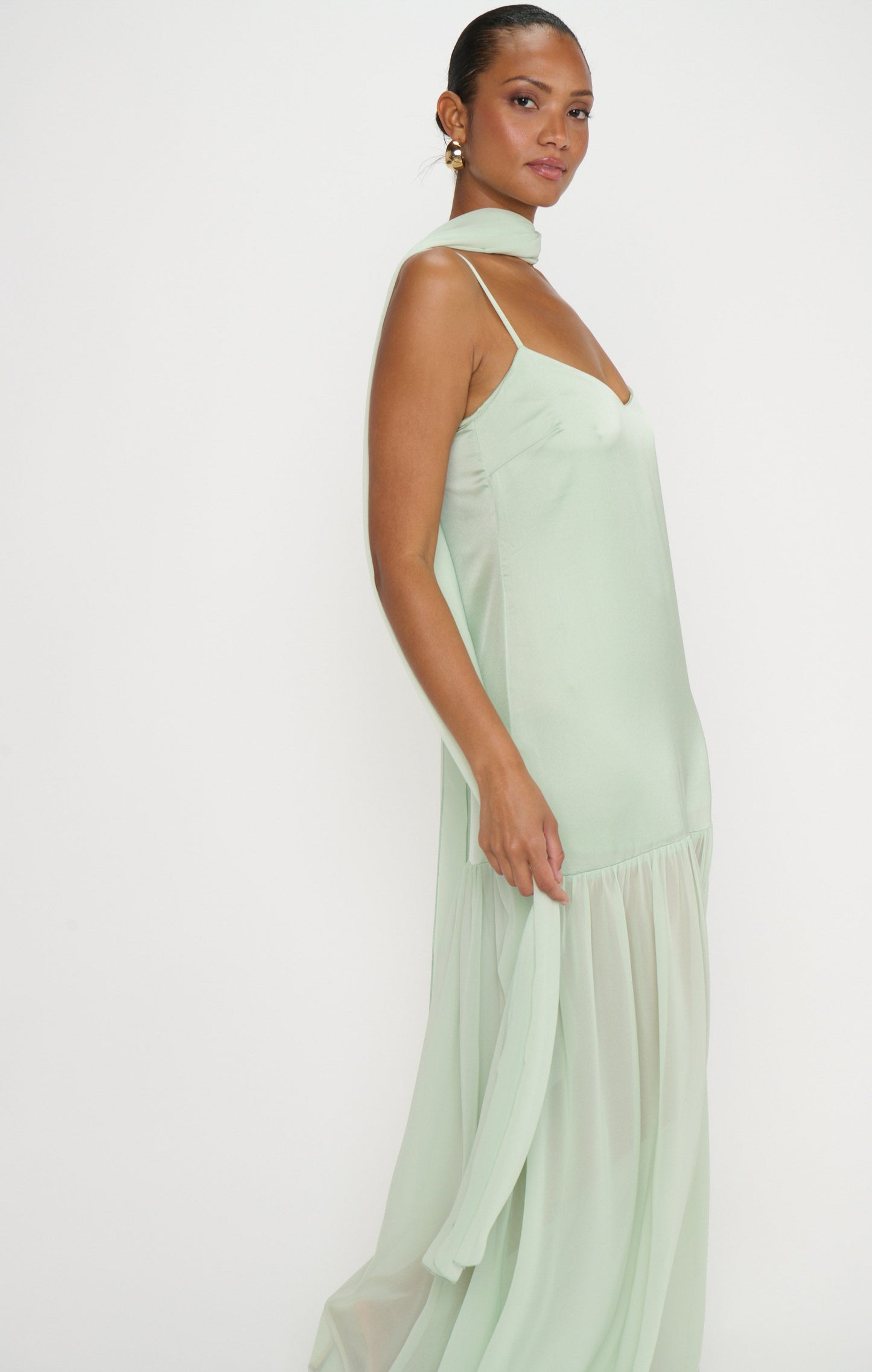 Dalia Maxi Dress ~ Pistachio Luxe Satin
