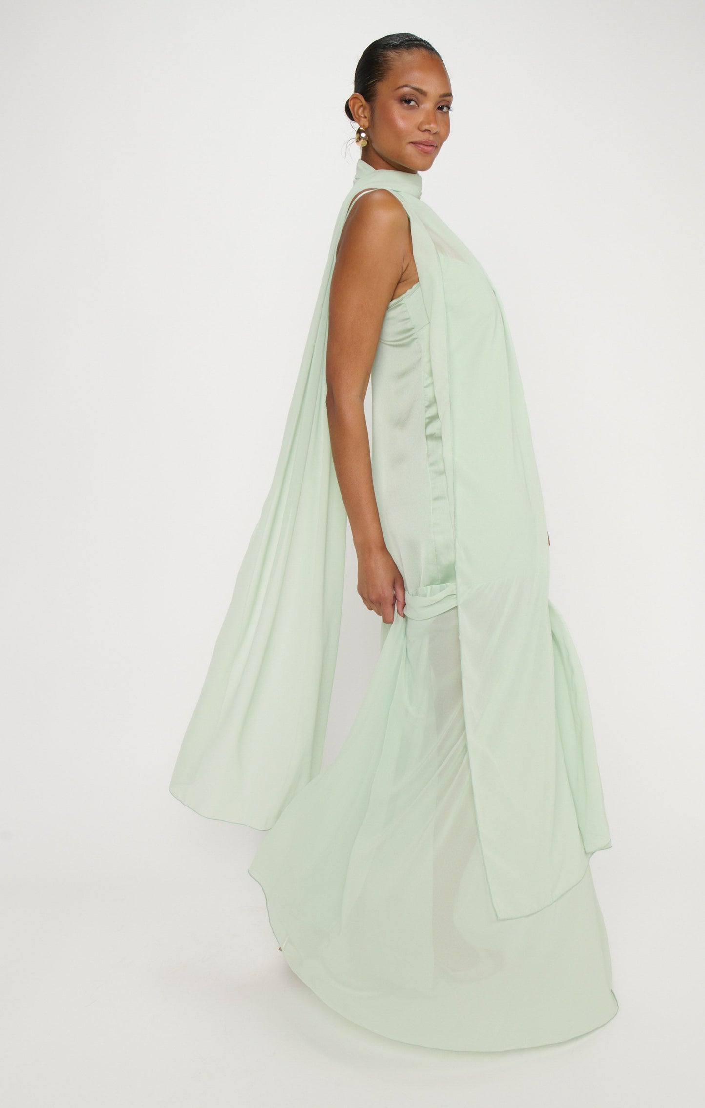 Dalia Maxi Dress ~ Pistachio Luxe Satin