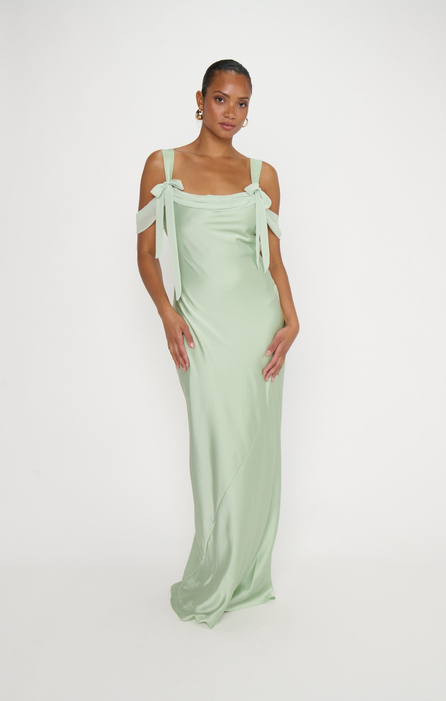 Bella Maxi Dress ~ Pistachio Luxe Satin