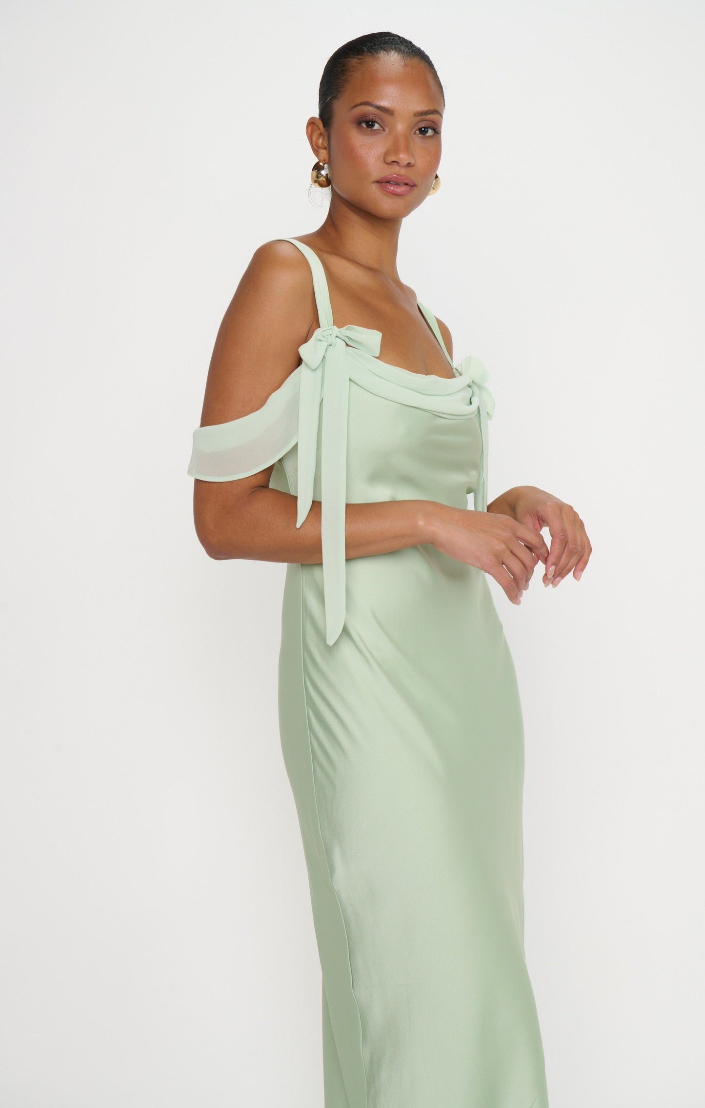 Bella Maxi Dress ~ Pistachio Luxe Satin