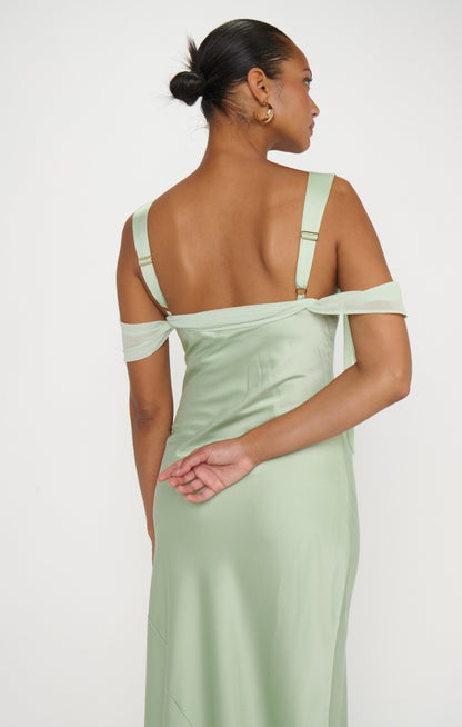 Bella Maxi Dress ~ Pistachio Luxe Satin