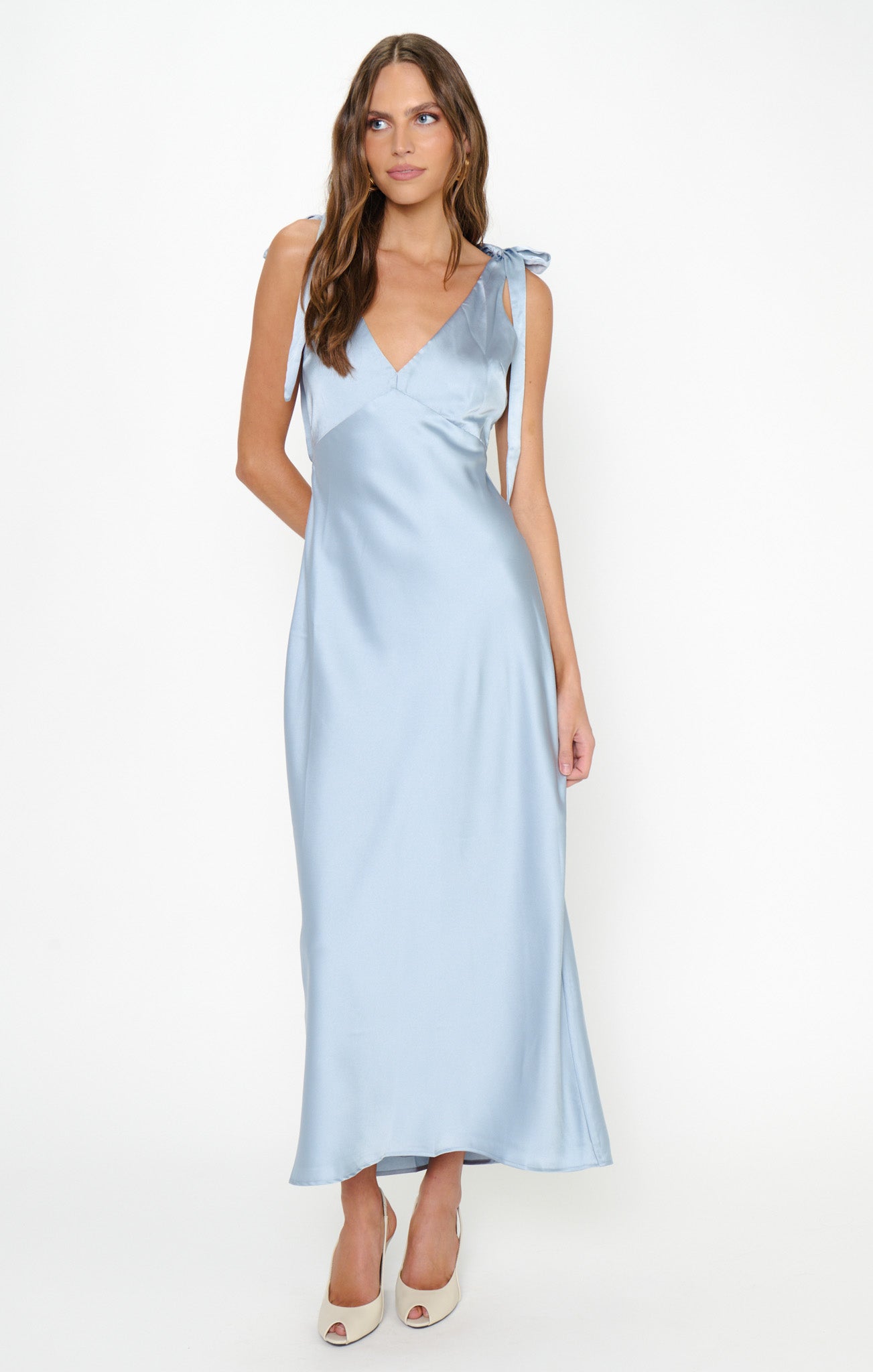 Emma Midi Dress ~ Steel Blue Luxe Satin