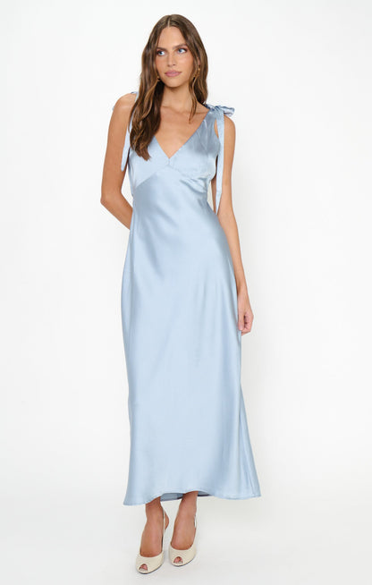 Emma Midi Dress ~ Steel Blue Luxe Satin