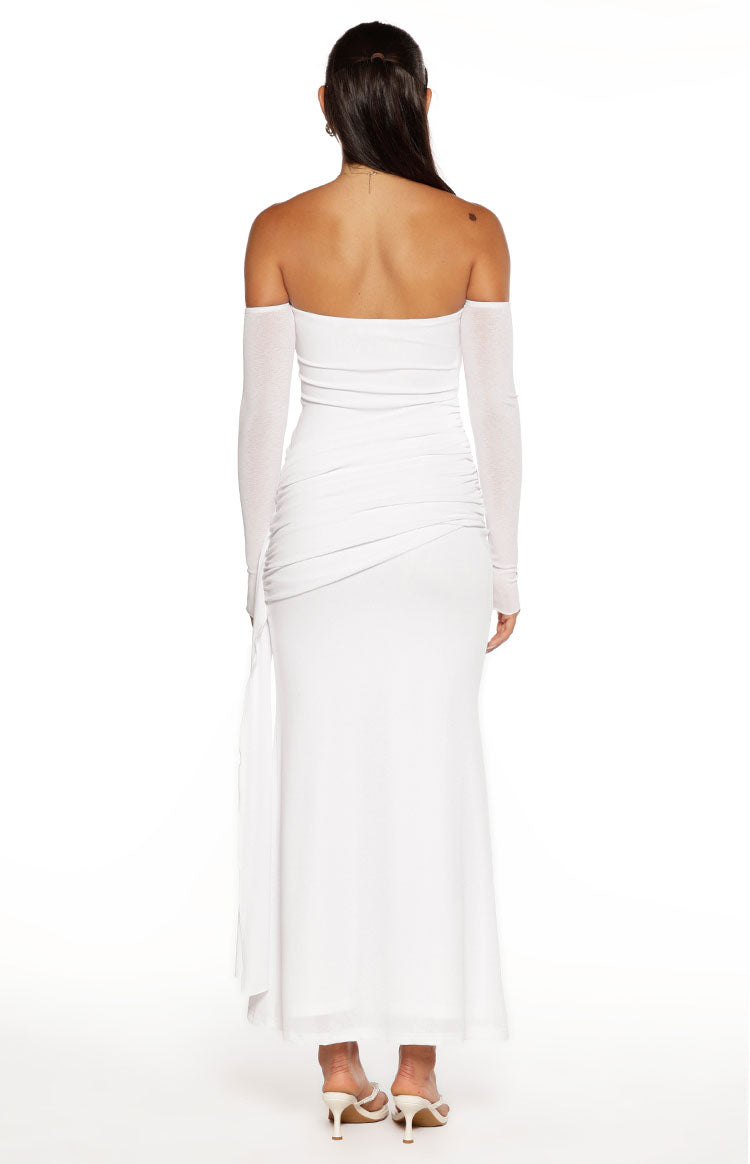 Breanna White Long Sleeve Ruched Maxi Dress