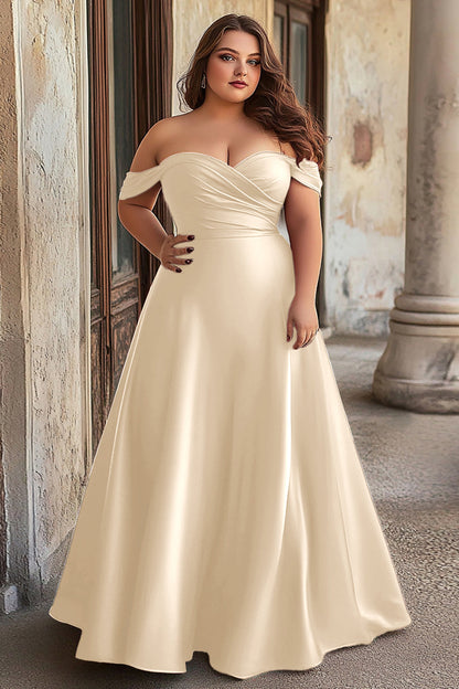 Dusty Blue Off the Shoulder Satin A Line Long Prom Dress