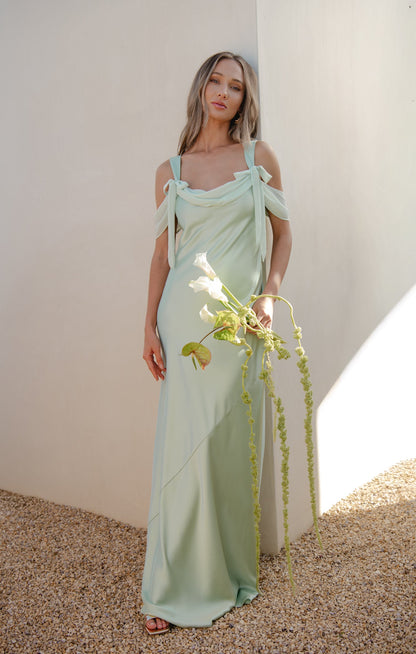 Bella Maxi Dress ~ Pistachio Luxe Satin