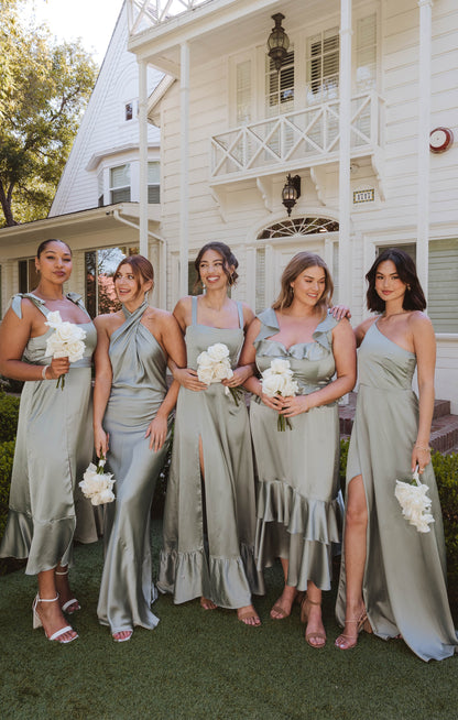 Jasmine Halter Maxi Dress ~ Silver Sage Luxe Satin