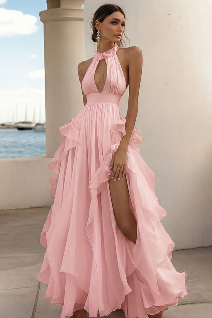 A Line White Ruffled Keyhole Long Rehearsal Dinner Dress with Slit