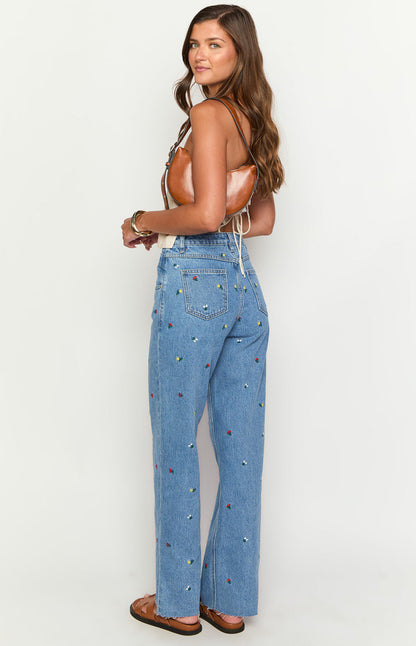 Kansis Blue Embroidered Uneven Waist Jeans
