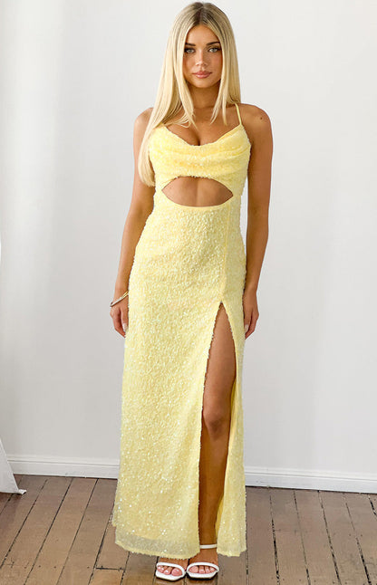 Fallon Yellow Sequin Cut Out Formal Maxi Dress