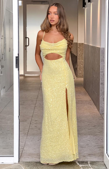 Fallon Yellow Sequin Cut Out Formal Maxi Dress