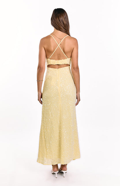 Fallon Yellow Sequin Cut Out Formal Maxi Dress