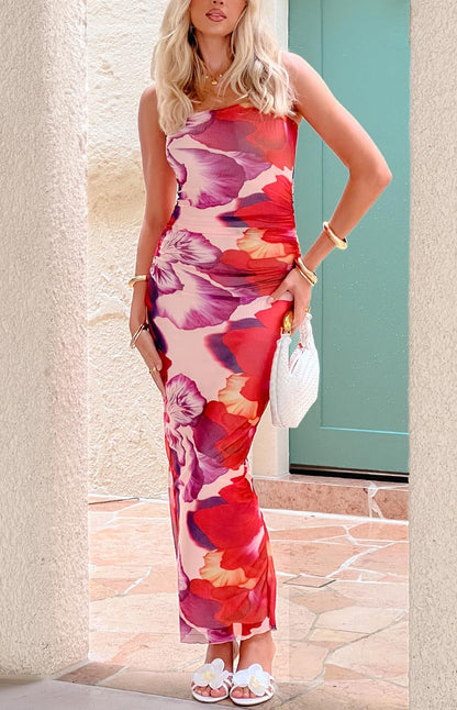 Imogen Purple Floral Print Strapless Maxi Dress