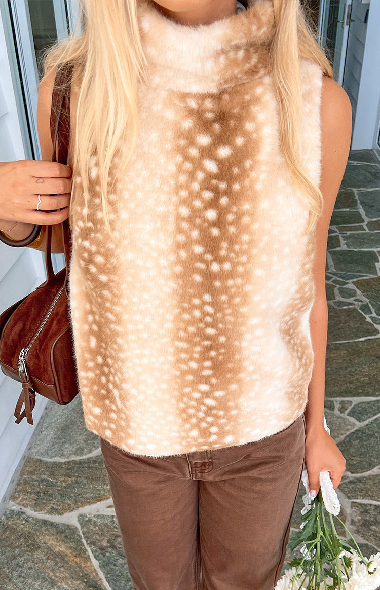 Isolde Brown Deer Print High Neck Fur Top
