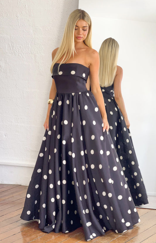 Julianne Strapless Polka Dot Satin Maxi Dress
