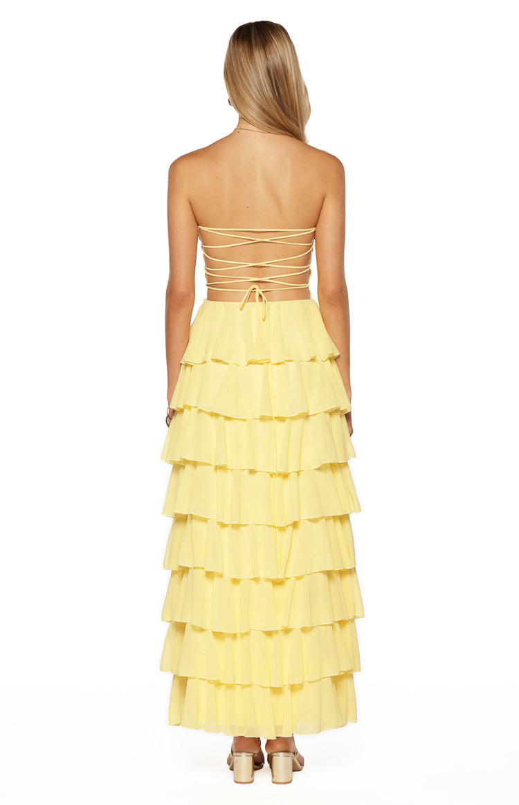 Kim Yellow Strapless Ruffle Maxi Dress