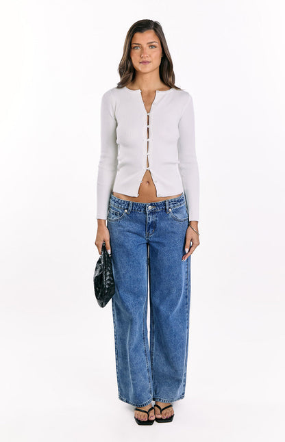 Kippy White Ribbed Knit Button Up Long Sleeve Sweater