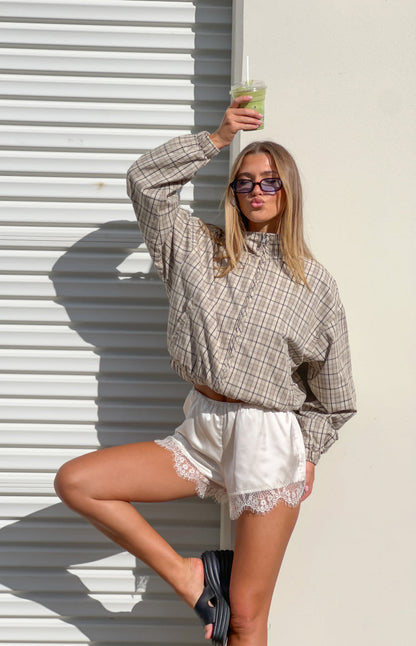 Lee Beige Plaid Funnel Neck Jacket
