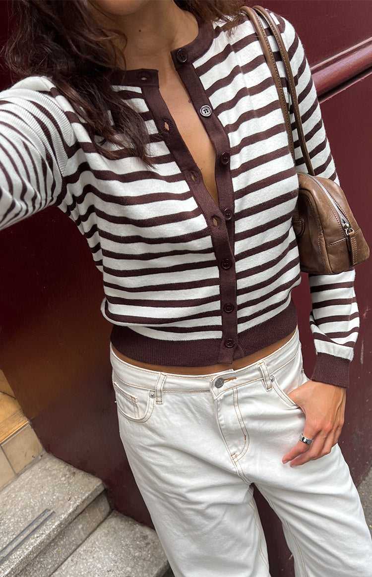Lottie Chocolate Stripe Round Neck Cardigan