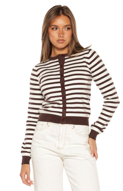 Lottie Chocolate Stripe Round Neck Cardigan