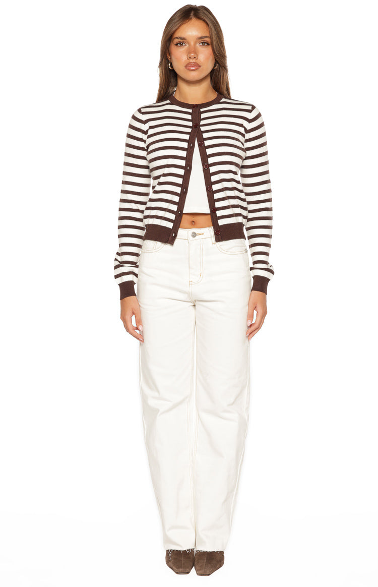Lottie Chocolate Stripe Round Neck Cardigan
