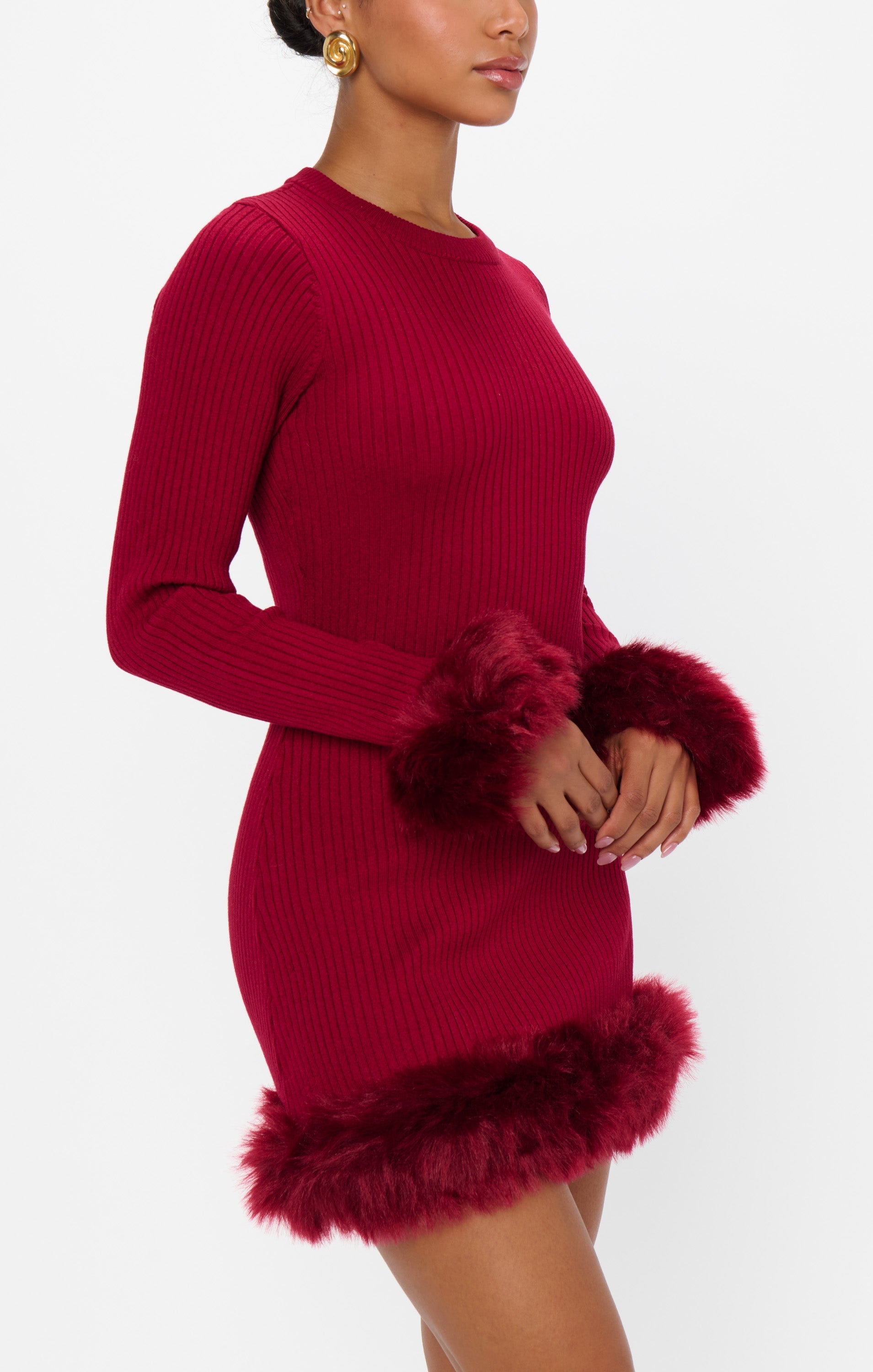 Fran Mini Dress ~ Cranberry Rib with Faux Fur
