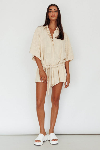 Daytona Beach Button-Up Romper Textured Beige