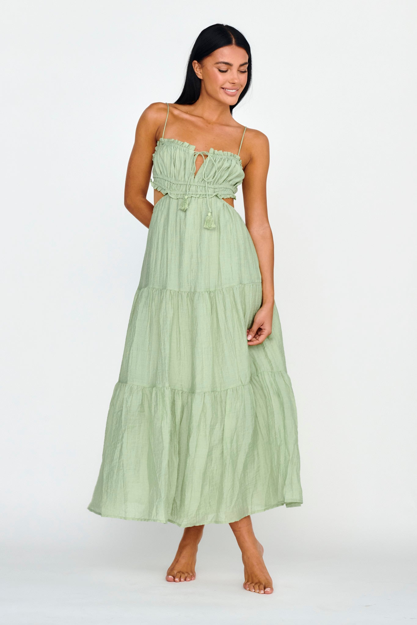 Eyona Cut-Out Waist Tie Maxi Dress Sage
